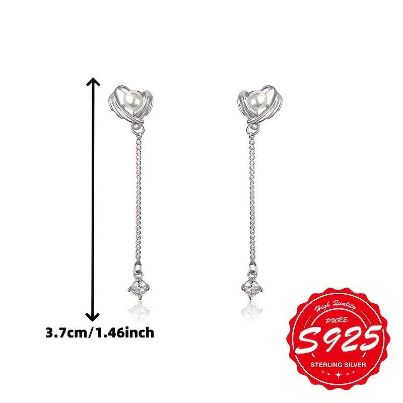 S925 Sterling Silver Heart Chain Earrings Sweet Dangle Style